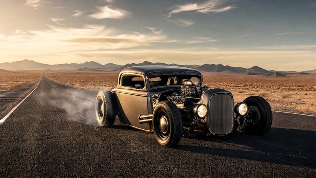hotrod. Low, sleek hotrod on a desert highway with faint tire smoke on asphalt. mobility guides, transit brochures, designed for transport & logistics marketing, improves user orientation.