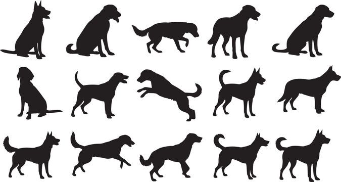 Dog silhouettes, black dog icons, canine shapes, pet graphics, 15 dog illustrations