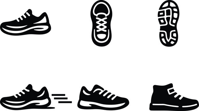 Set of black sneakers and running shoe icons for sports and fitness
