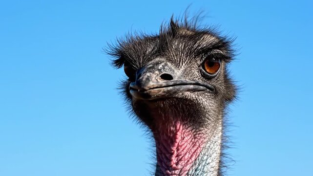 Portrait of a curious emu against a clear blue sky