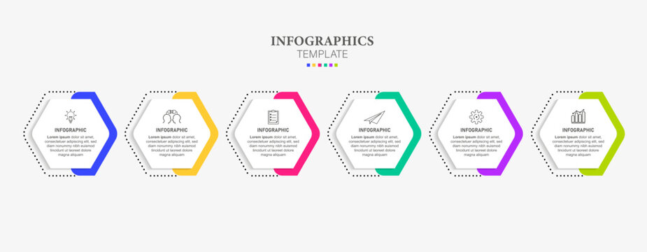 Concept of arrow business model with 6 successive steps. Timeline design for brochure, presentation. Infographic design layout