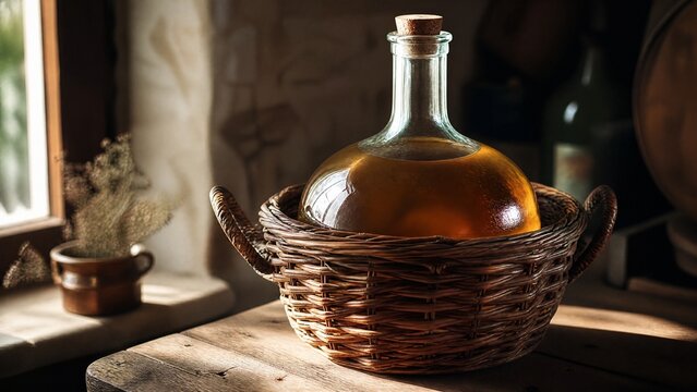 demijohn. Glass demijohn with wicker basket containing amber homemade wine on wooden table. bar promotions, beverage menus, designed for product packaging and bar promotions, inspires menu design.