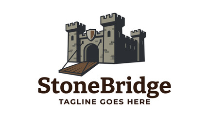 Stylized stonebridge castle fortress logo with towers and gate © aseenz imagine
