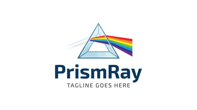 Logo design of PrismRay featuring a triangular prism and rainbow light
