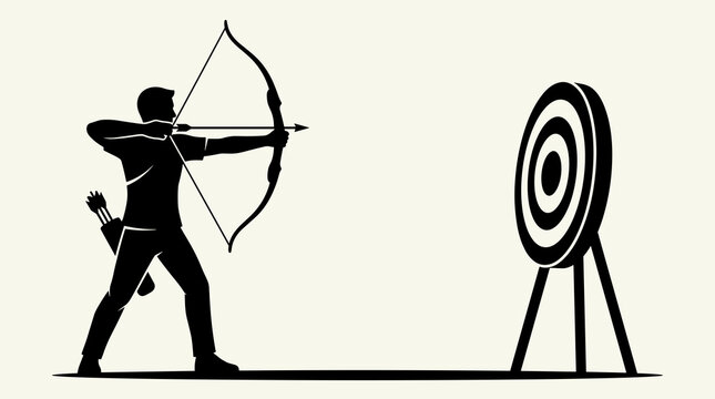 Silhouette of an archer aiming a bow and arrow at a target on a light background