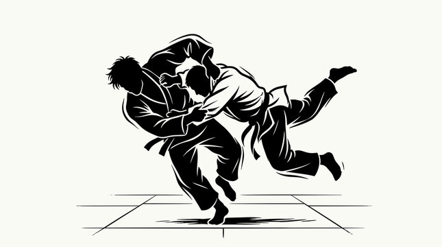 Two judo fighters in action during a match on a tatami mat illustration