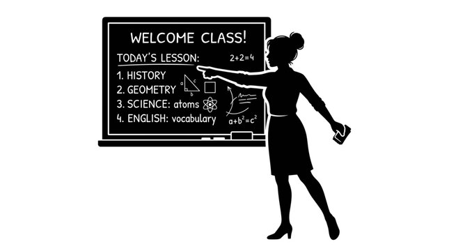 Teacher pointing at blackboard with lesson plan for history geometry science and english subjects