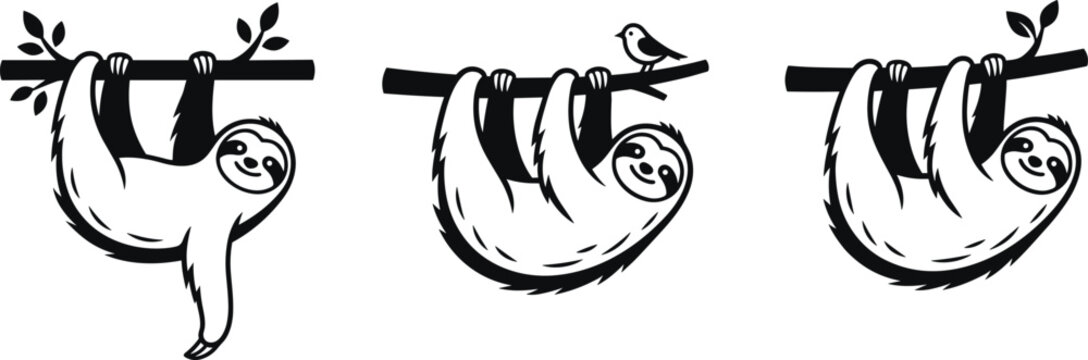 Playful sloth vector illustration set hanging from tree branches with leaves and bird for cute wildlife and nature design