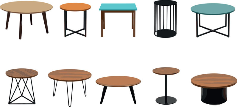 Modern Coffee and Side Table Furniture Set with Round, Square, and Various Leg Styles for Interior, Home Decor, and Architecture Design Projects