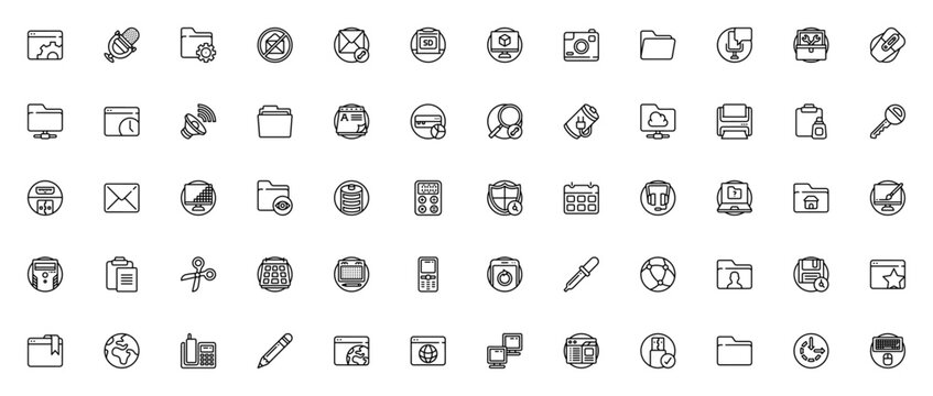 Essentials icon set. Minimal vector icons pack. Includes symbols for browser, microphone, folder, email, shield, calendar, camera, backup, network and more. Editable stroke.