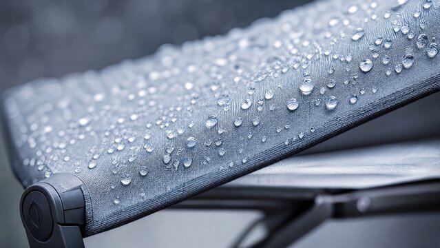 resistant. Waterproof canopy with shimmering droplets, showcasing innovative rain protection in sleek silver-blue hues. product launch decks.