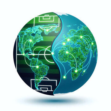 3D Yin Yang Style Earth Globe Split into Americas and Afro Eurasia with Digital Network and Sports Connectivity Concept