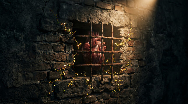 A caged heart with glowing vines, symbolizing captivity and hope in a dark, ancient setting