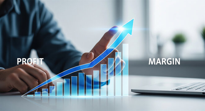 Profit margin growth concept with rising financial bar chart, businessman pointing at increasing revenue arrow, corporate business success and data analysis