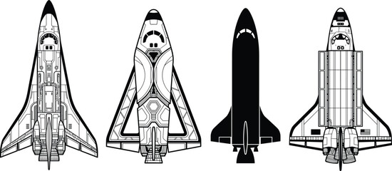 Fototapeta premium Space shuttle vector illustration set with schematic, stylized, and silhouette designs for aerospace, technology, and science themes