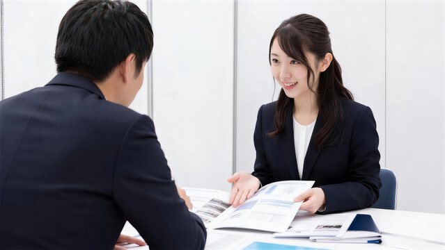 商談スペースでカタログを開いて男性客に説明する女性スタッフ