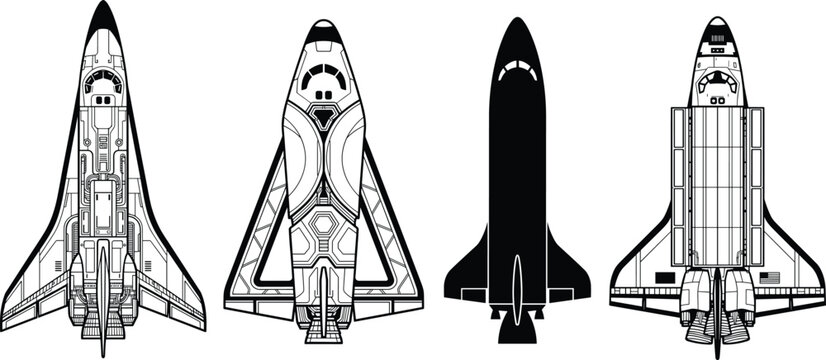 Space shuttle vector illustration set with schematic, stylized, and silhouette designs for aerospace, technology, and science themes