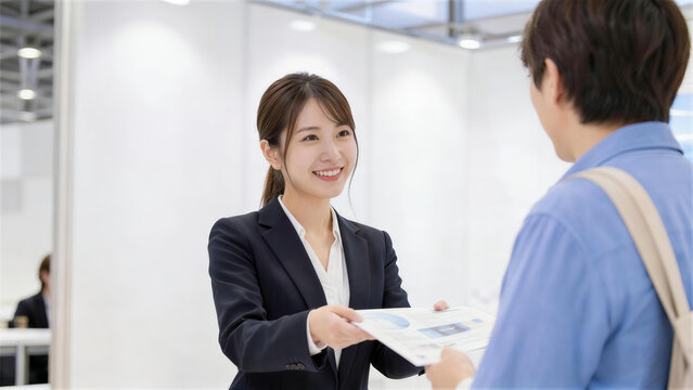展示会やイベントの受付で男性客に笑顔で資料を手渡す女性スタッフ