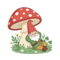 Naklejka premium Whimsical Character Design of a Sleeping Gnome Resting Under a Red Spotted Mushroom on White Background