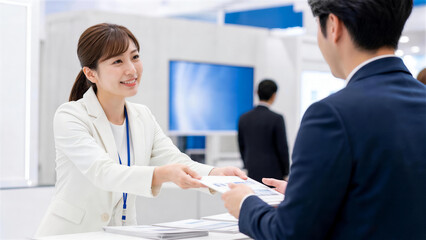 Obraz premium 展示会の受付でパンフレットを男性客に笑顔で手渡す女性スタッフ