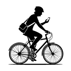 Fototapeta premium Black silhouette of a person riding a bicycle while looking at a smartphone.