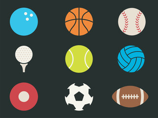 Fototapeta premium Minimalist Sports Ball Icon Set on Dark Gray Background for Modern Athletic Branding and Fitness UI Design