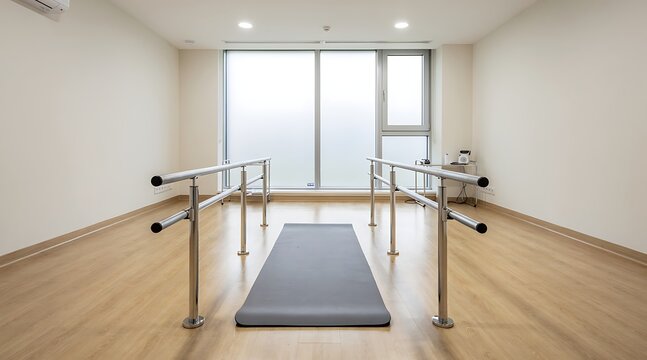 Rehabilitation Room with Parallel Bars and Exercise Mat Near Window.