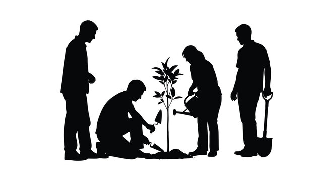 People planting a tree together black silhouette