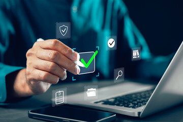 Evaluation survey by businessman using digital check mark for approval, quality assessment document...