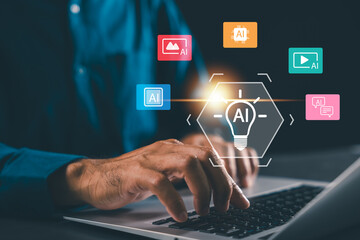 Fototapeta premium Ai generative concept digital text image video content creation artificial intelligence innovation fuels creative ai technology productivity with hands typing on ai laptop computer keyboard