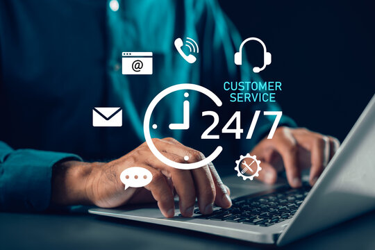 Call support 24 7 is worldwide available for customer service contact assistance, delivery icons appear while hands type on laptop keyboard for nonstop global communication needs