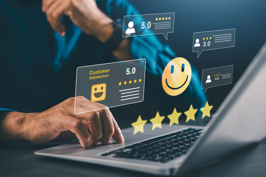 Customer review feedback rating system online satisfaction evaluation monitors digital marketing brand reputation and service quality using laptop with gold stars for better user experience