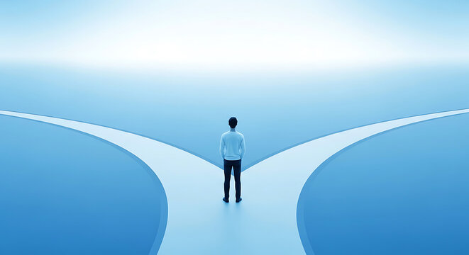 Man stands at a fork in the road choosing between two paths person male standing