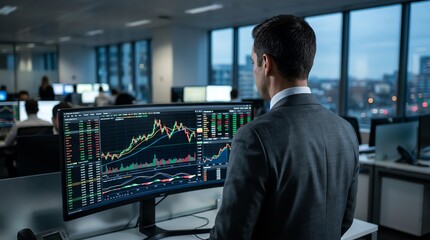 Fototapeta premium Man in suit analyzing stock market data on computer screen in modern office