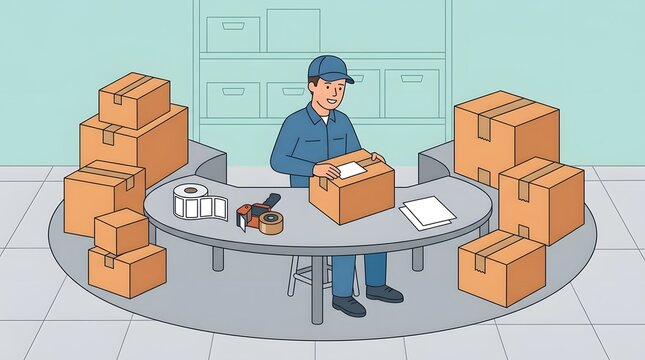 Logistics Workflow: A smiling warehouse worker neatly packages a cardboard box at a distribution center, surrounded by stacks of parcels ready for shipment.