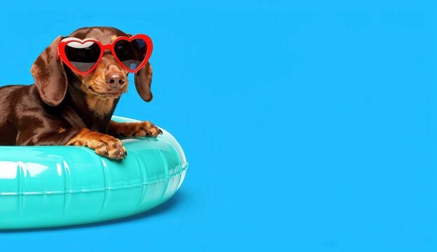 Dachshund dog wears sunglasses while relaxing on a float in front of a blue background on a sunny day