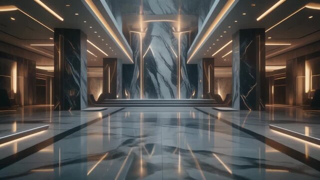 Futuristic marble atrium with luxury lighting and reflective sci fi architecture