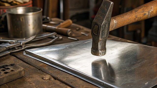 anvil. Old tin hammer poised above a sheet of tin on a workbench. safety posters, maintenance manuals, designed for precision metalworking and fabrication facilities, used by operations managers.