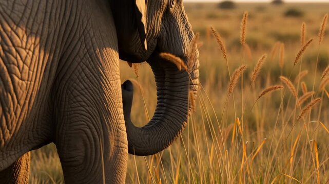 Elephant skin extreme close-up with trunk brushing tall dry grass, warm golden-hour light revealing deep wrinkles and texture, natural savanna habitat, intimate wildlife detail with organic motion
