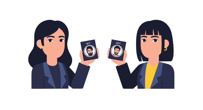 Two businesswomen holding identification cards with portraits of men. EPS Editable. Vector Illustrations.