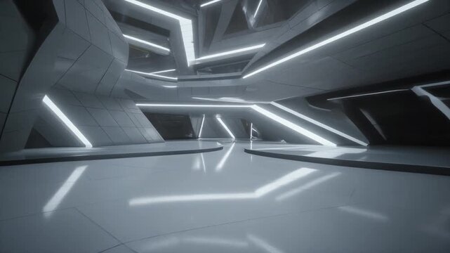 Premium sci fi interior with futuristic marble reflections and elegant atrium motion