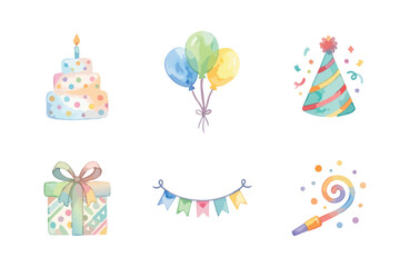 Obraz premium Watercolor birthday celebration icons set on white background