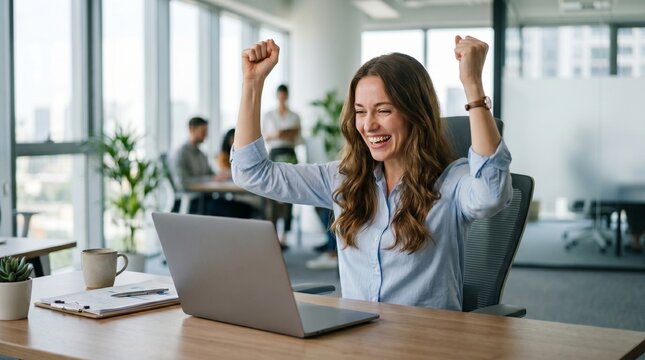 Young professional woman celebrating success at office desk with laptop and colleagues in background