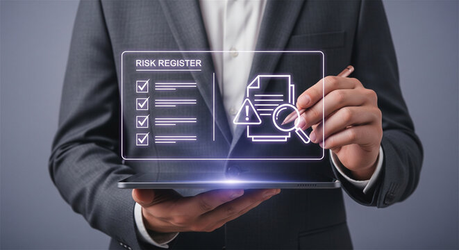 Risk Register digital interface on tablet, businessman managing corporate risk assessment, compliance and security audit software concept