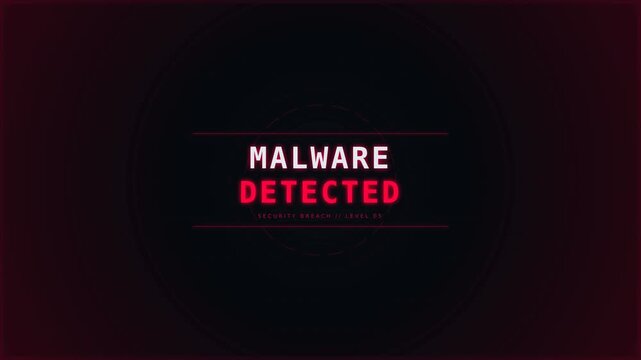 A dark background with a central alert message indicating malware detection, highlighted in pink and red text