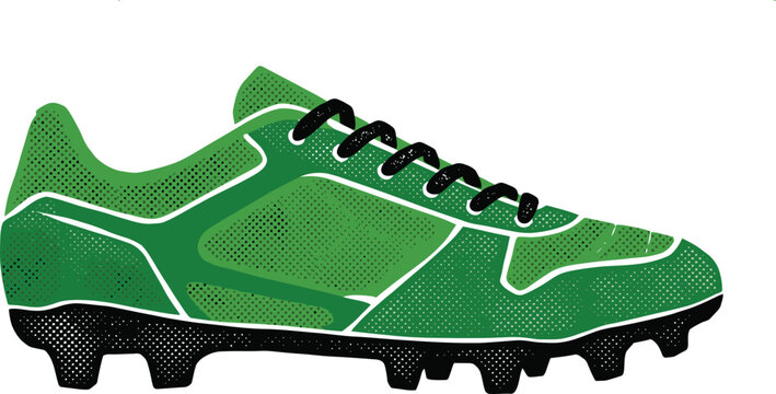 Green soccer cleat vector illustration, professional football boot with black laces and studs, athletic sports footwear icon for competition