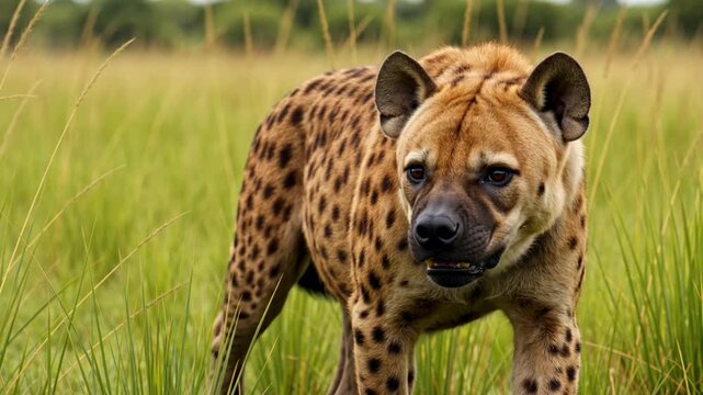 Hyena moving slowly through tall grass with focused gaze, shallow depth of field isolating subject, natural savanna setting, tense wildlife moment capturing cautious behavior and predator instincts