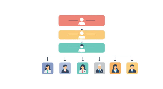 Corporate organizational chart diagram showing hierarchical management structure and team members. EPS Editable. Vector Illustrations.