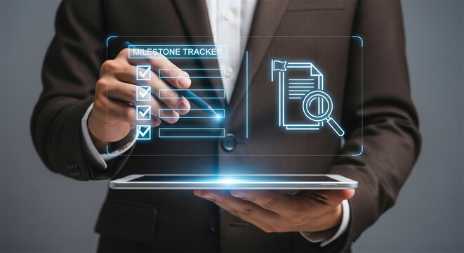 Digital milestone tracker interface, businessman using virtual project management checklist, corporate goal monitoring and audit software concept