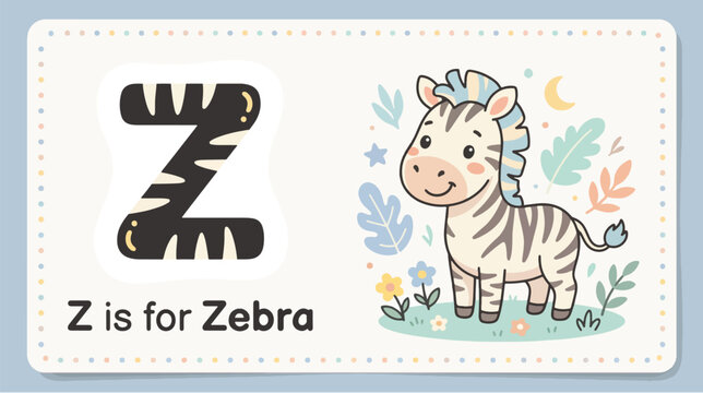 Illustration of a smiling zebra on a children's educational flashcard with letter Z and floral design